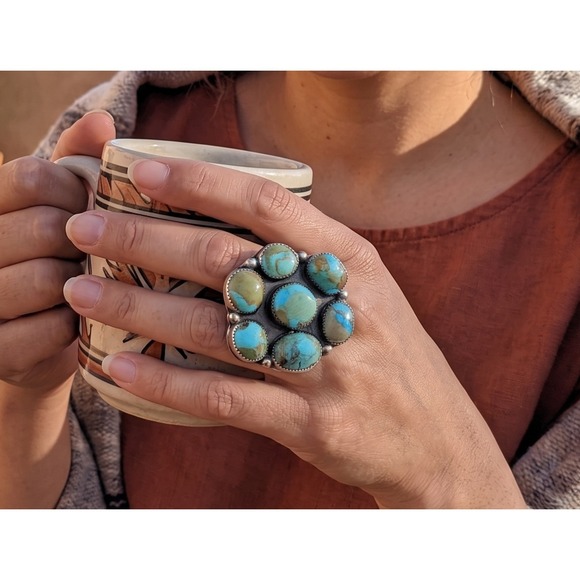 SouthWestArtisans Jewelry - Navajo Turquoise Cluster Ring - Signed JB Sz 6.5US Handmade Native American**